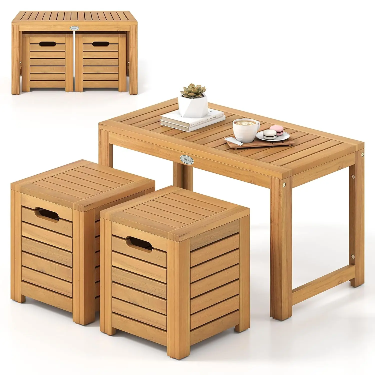 Acacia Wood Outdoor Coffee Table with Stools Set of 2, 3 Pieces Patio Rectangular Table and Stools Set with Hidden, Customized