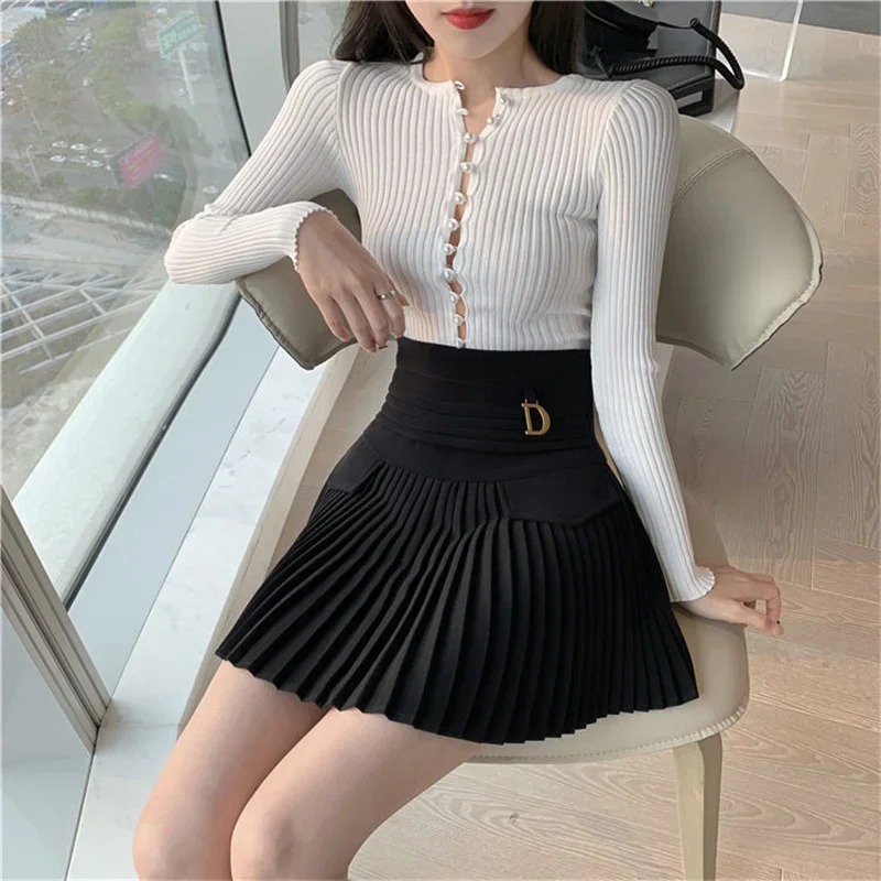 White Pleated Skirt Women  High Waist Skater Skirt Female Korean A-Line High Fashion Casual Short Skirt Women Bottoms