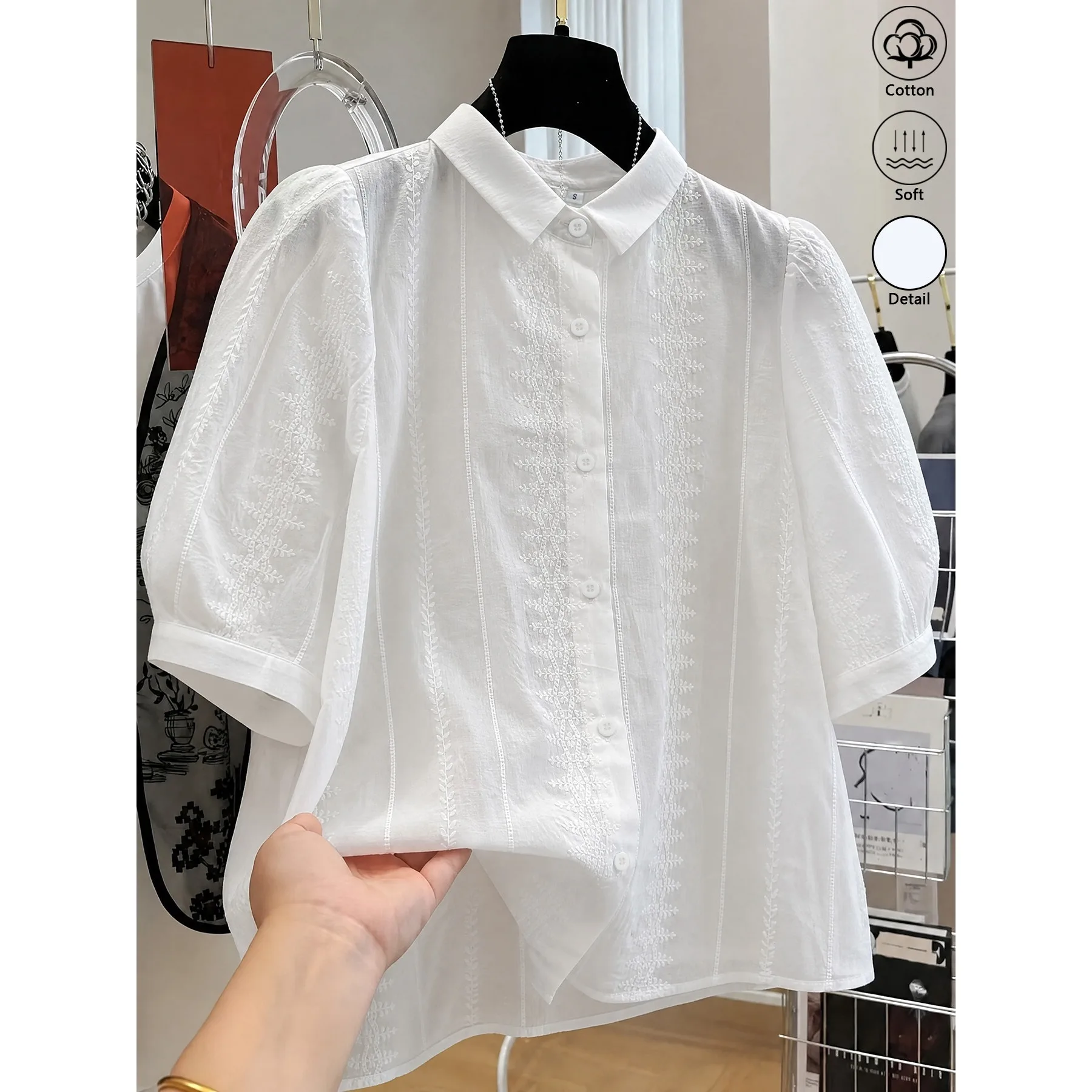 Women's 100% Cotton Short-Sleeve Shirt with Floral Embroidery and Collar – A Loose, Stylish, and Simple Top for Daily Commuting