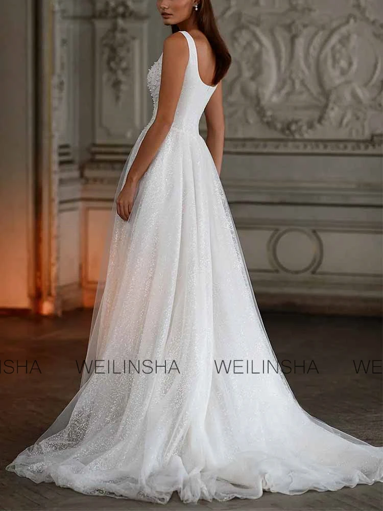Luxury Dresses Women 2025 Wedding Organza A-line Wedding Party Dresses White Square Neck Pearls Ruched Women Wedding Dress Long