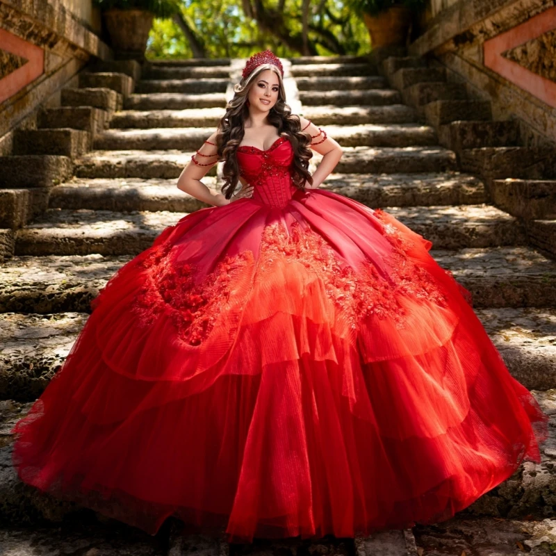 

Red Shiny Quinceanera Dresses Off The Shoulder Applique Lace Beading Crystal Bow Tull Party Birthday Sweet 16 Dress Vestidos 15
