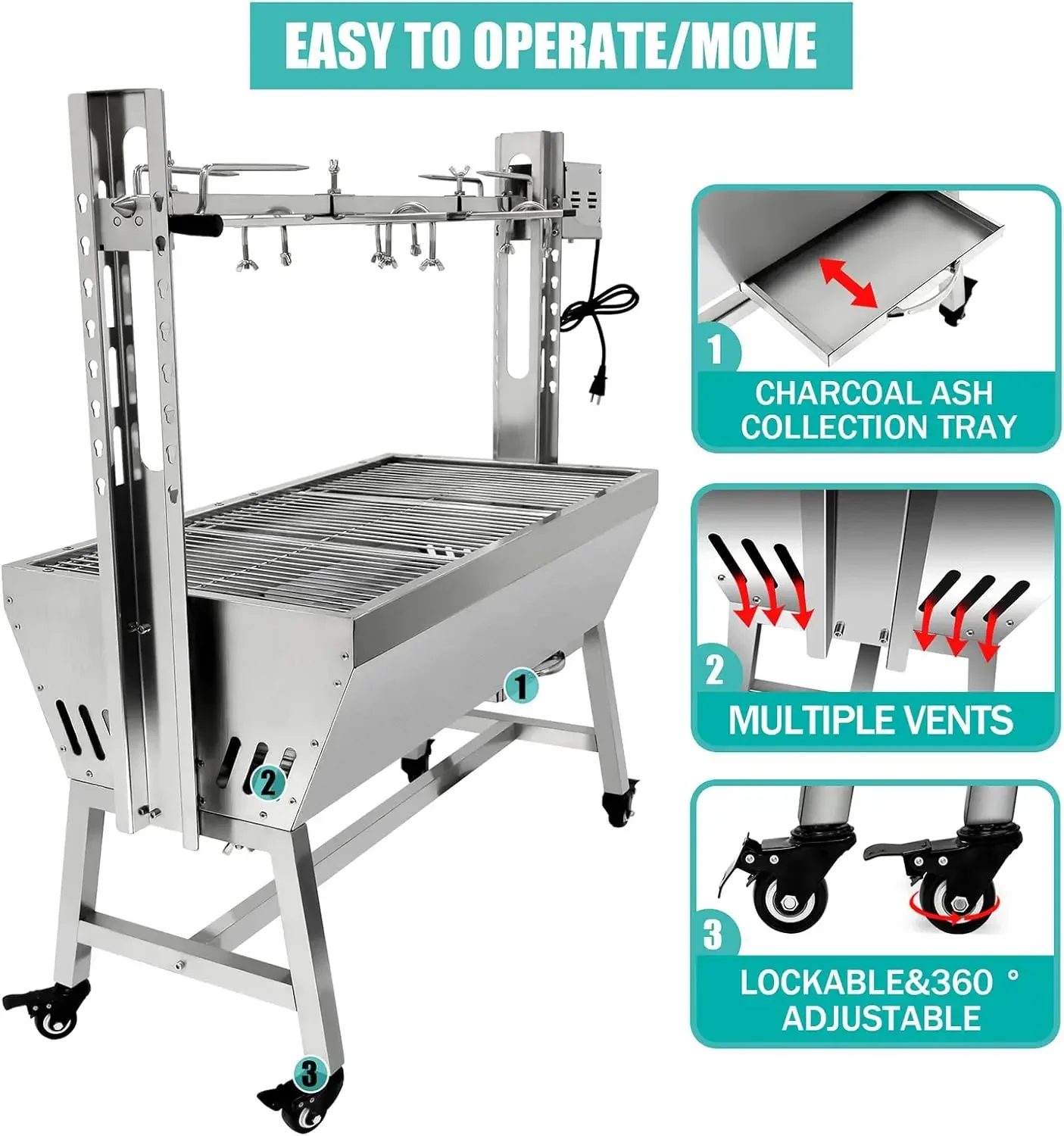 Steel Rotisserie Grill, 25W Motor Small Pig Lamb Rotisserie Roaster, 37'' 2 in 1 BBQ Charcoal Rotisserie Grill for Camping Outdo