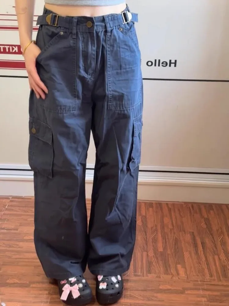 

Retro American k Blue Men's Workwear Pants Autumn Winter Multiple ket Design Straight Leg Jeans Adjustable Waist