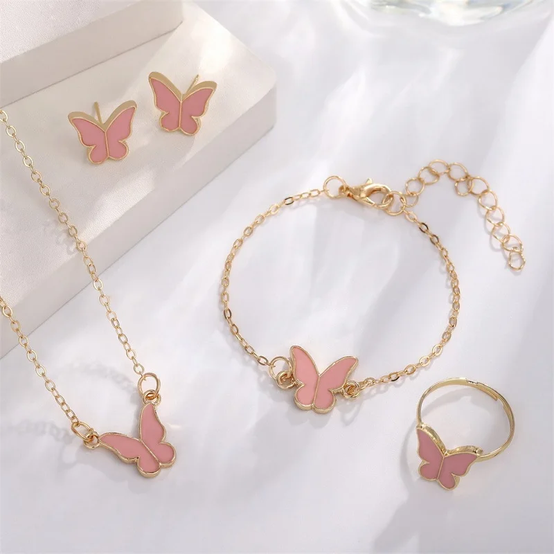 5-teiliges Emaille-Schmuckset mit bunten Schmetterlingsanhängern, Armband, Ohrringen für Damen, romantische Kettenhalskette, Hochzeitsfeier-Charms – Detail 10