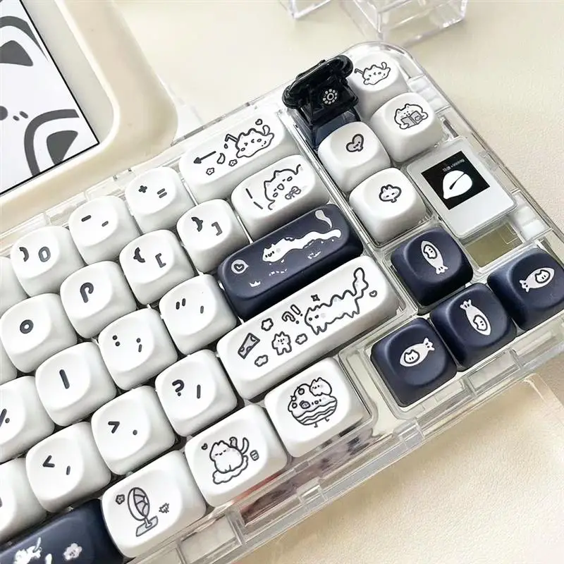 Nrace Cat Keycap pour clavier mécanique de jeu, noir, blanc, 140 prédire, profil MOA, PBT Keycaps, sublimation de colorant pour commutateur MX