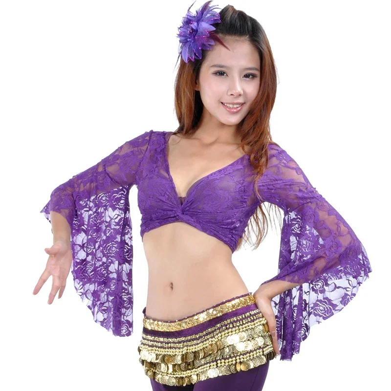 

13 Colors Lace Butterfly Sleeve Top Belly Dance Clothes Tops Women Sexy Top Front Cross Crop Halter Deep V Neck Flare Sleeve Top