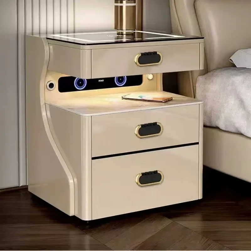 2026 Modern Luxury Smart Bedside Table With LED Lights Wireless Charging, Safe Bluetooth Speaker Bedroom Wooden Storage Furnitur