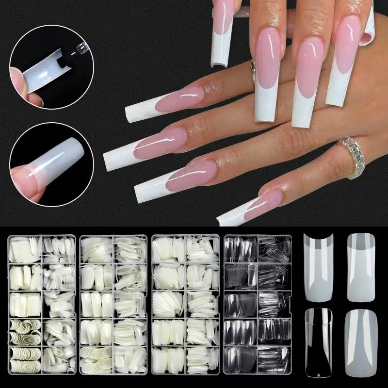 500pcs False Nails Artificial Full Cover Fake Tips Acrylic Clear White Natural Nail Capsules French Nail Extension Manicure Tool