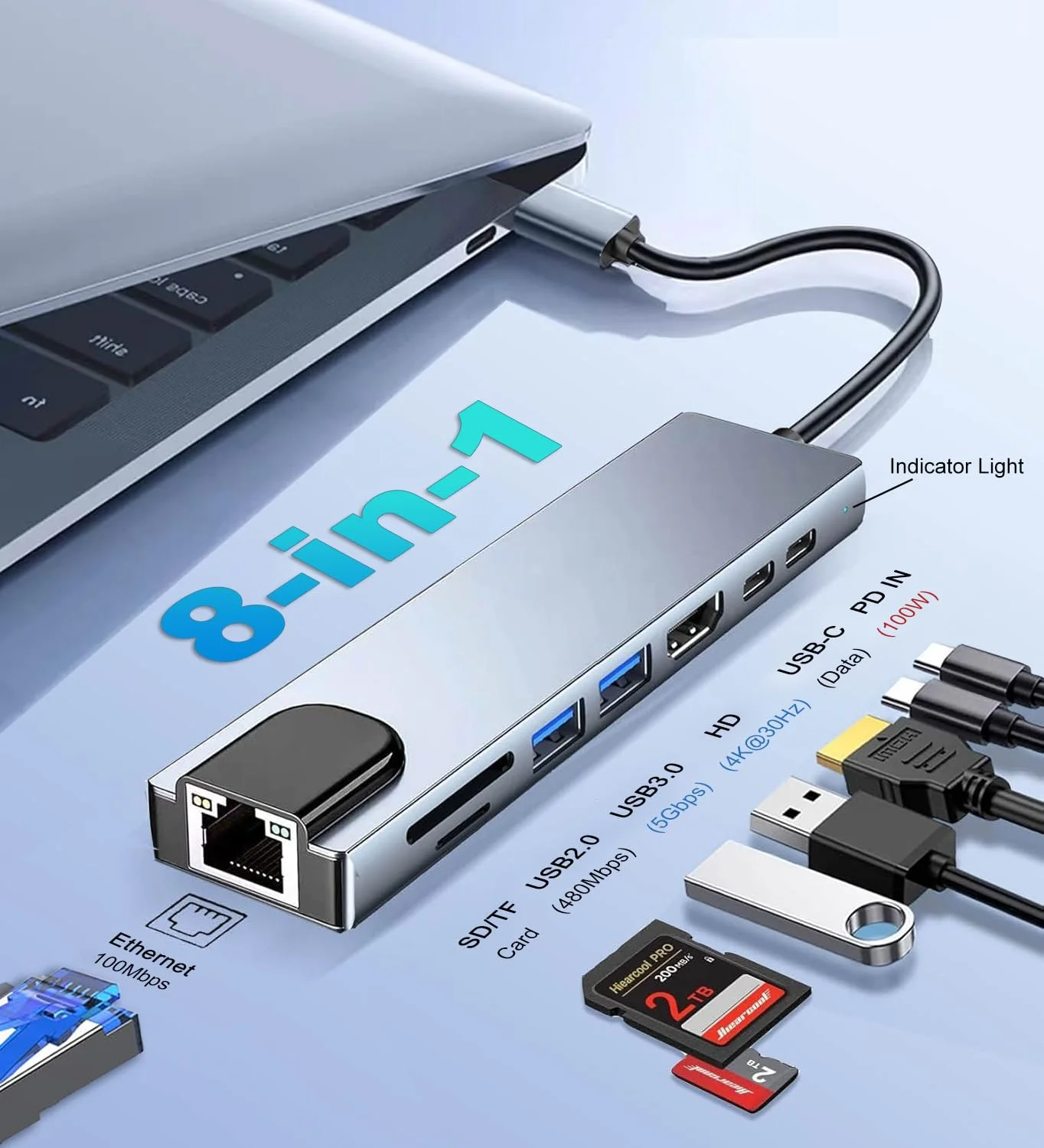 

8in1 USB C Hub Type C Thunderbolt3 to 4K UHD 60W PD Docking Station 100Mbps RJ45 LAN USB Splitter SD Card Reader for Macbook Pro