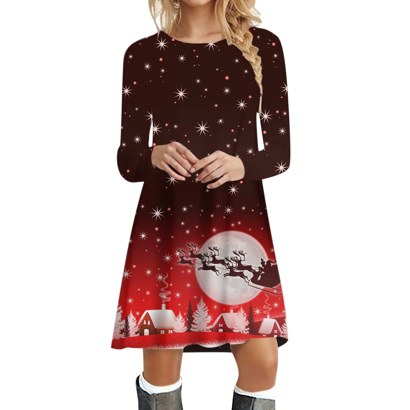 

Christmas Cute Snowman Elk Printed Dress Women Long Sleeve Crewneck T Shirt Dress Elegant Xmas Evening Party Casual Mini Dresses