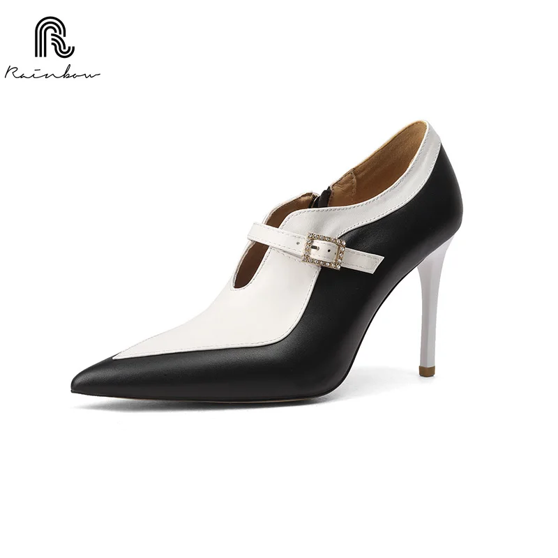 RAINBOW 33-40 New Genuine Leather Retro Style Pumps Women Shoes Thin High Heels Shallow Pointed Toe Mixed Colors One-line Buckle