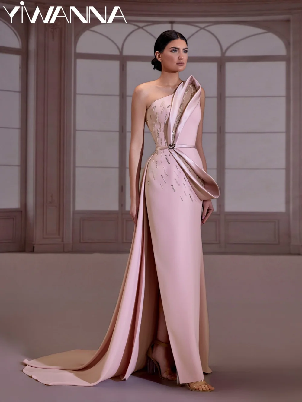 

Luxury Beaded Evening Dress With Slit Pink One Shoulder Mother Of The Bride Dresses For Wedding Formal Banquet Party Gowns