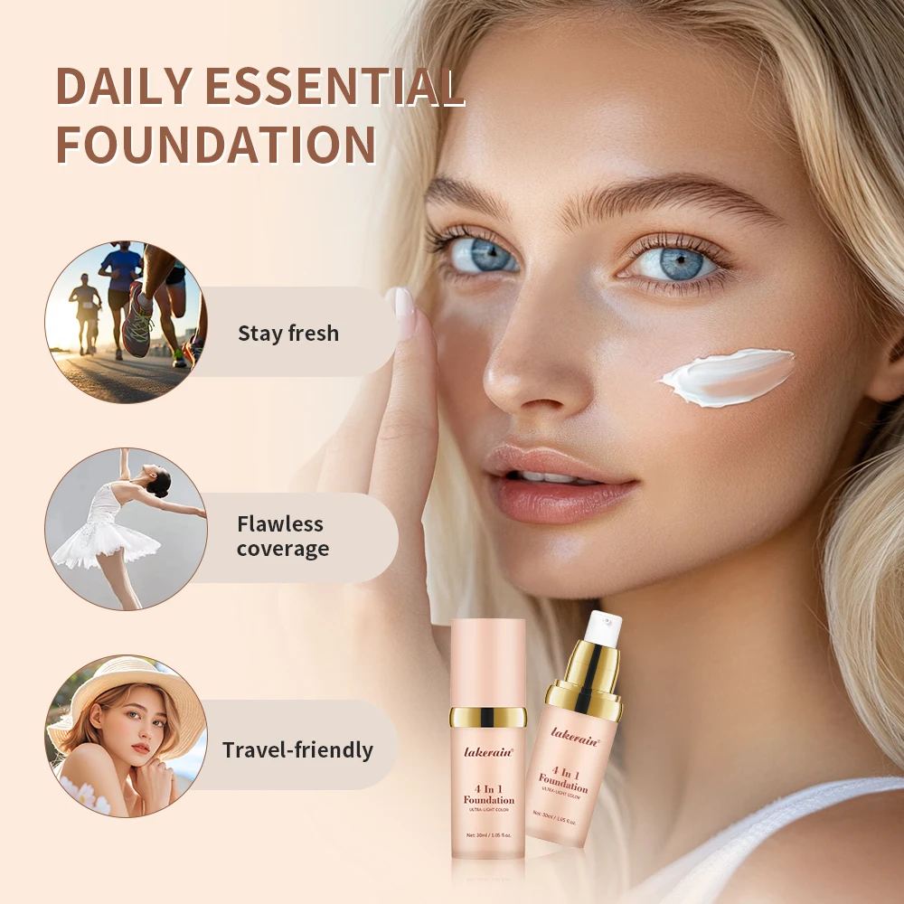 كريم أساس سائل من Lakerain، مرطب يدوم طويلاً، يخفي العيوب والمسام والهالات السوداء، عامل حماية من الشمس SPF 30، مكياج قاعدة للوجه
