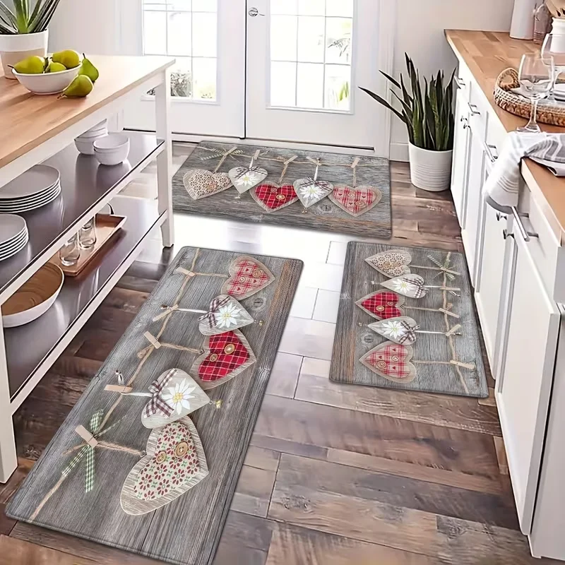 Nordischer Stil, Herz-Holzmaserung, Flanell, Küchenläufer, rutschfest, für Küche, Wohnzimmer, drinnen und draußen, Valentinstag-Deko