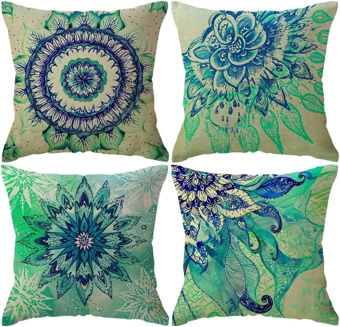 4Pack Bohemian Decorative Throw Pillow Covers Water Color Mandala Pattern Pillowcases Square Home Decorative Floral Cushion