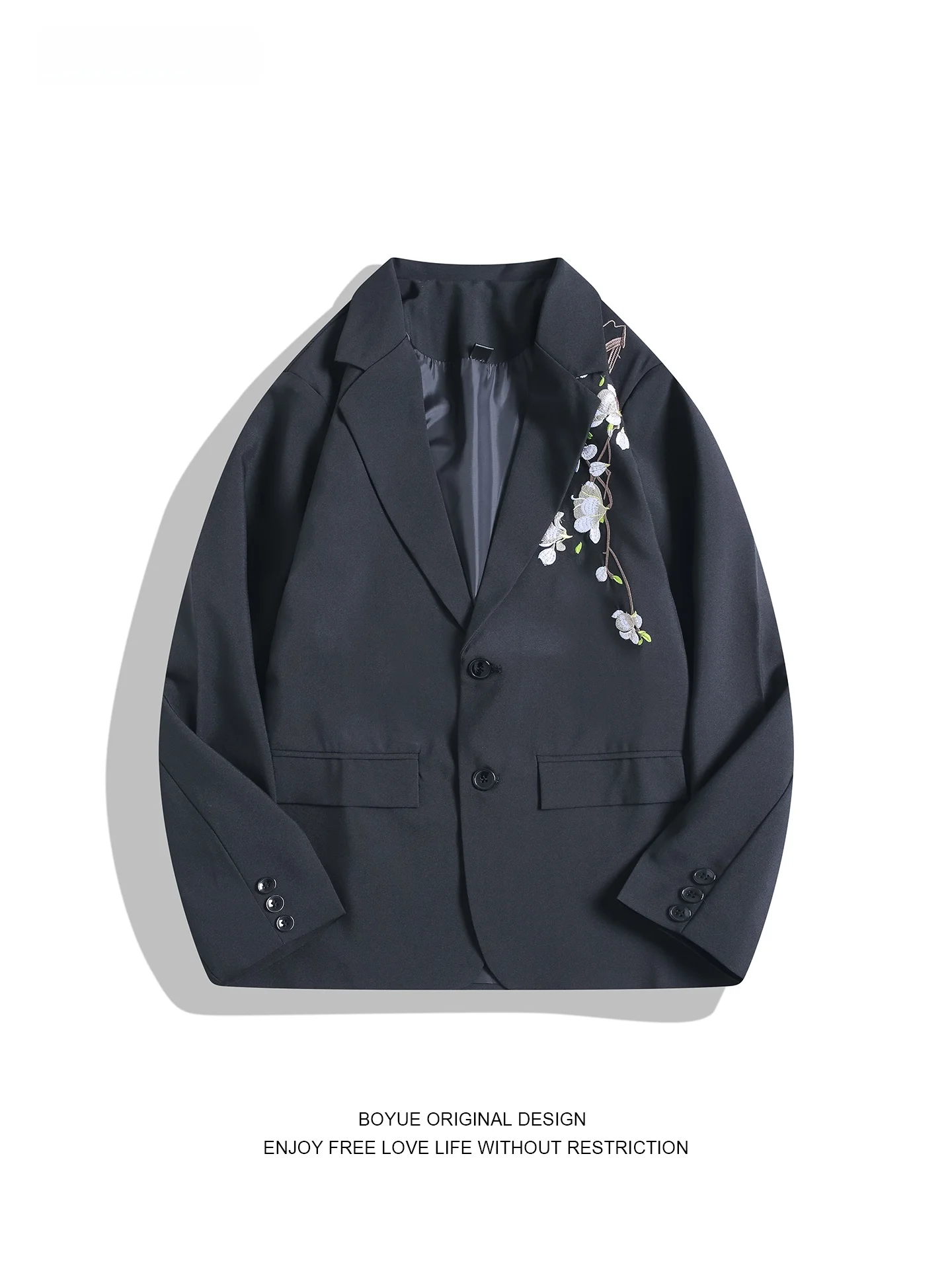 

Boyue Chinese Style Casual Men's Suit Jacket Embroidered Tea Flower Trendy Elegant Polyester Fiber Single Breasted Coat