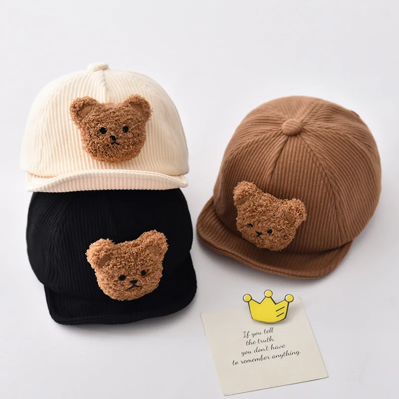 

Solid Corduroy Baby Baseball Cap Korean Bear Toddler Peaked Hat Cute Cartoon Kids Duck Tongue Caps Autumn Winter Children Visors