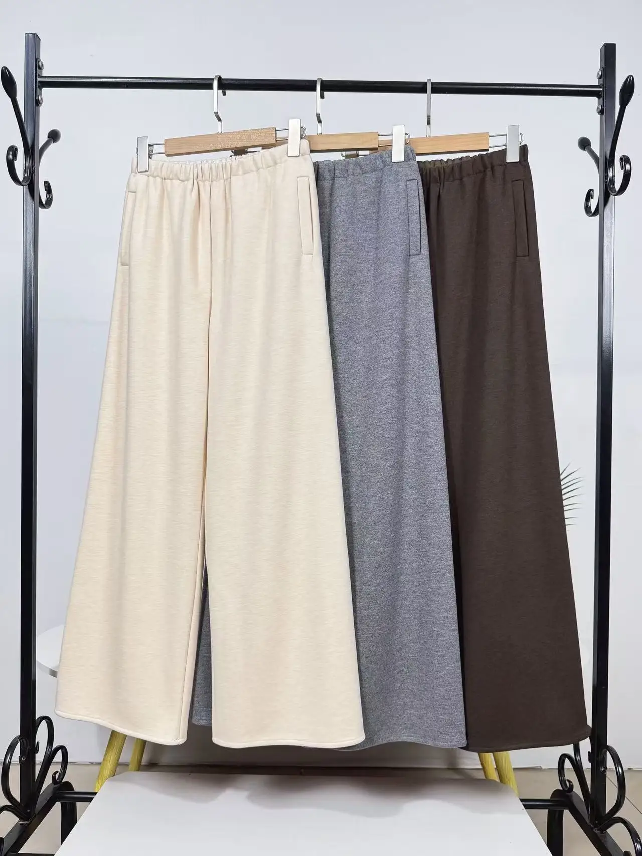 ハイウエストの羊毛混紡カジュアルストレートレッグパンツ、女性用高品質で快適な暖かいワイドレッグレジャーパンツ