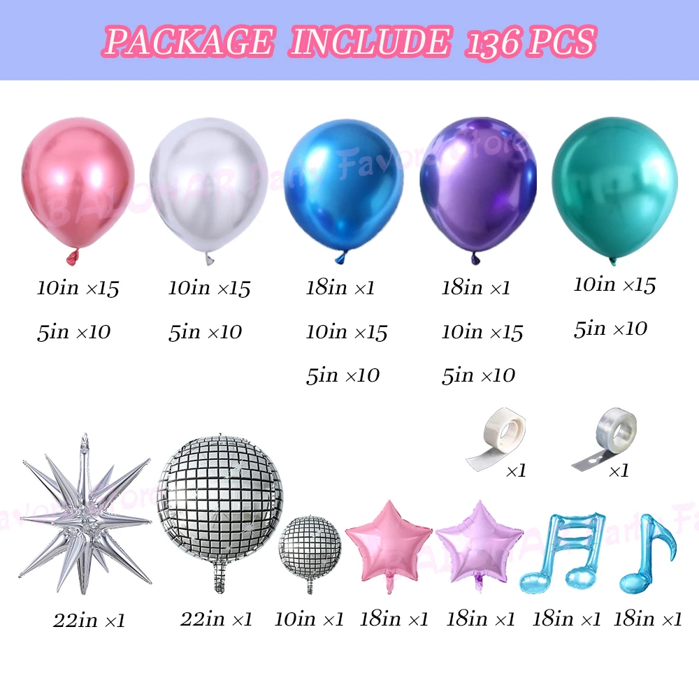 

136/147pcs Kpop Balloons Arch Kit Metallic Pink Purple Disco Note Foil Ball Music Fans Gatherings Back To 80s 90s Birthday Decor