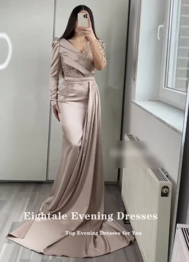 Eightale Champagner Abendkleid für Hochzeit Party Satin Perlen Lange Ärmel Spitze Vintage Meerjungfrau Prom Kleider Promi Kleid