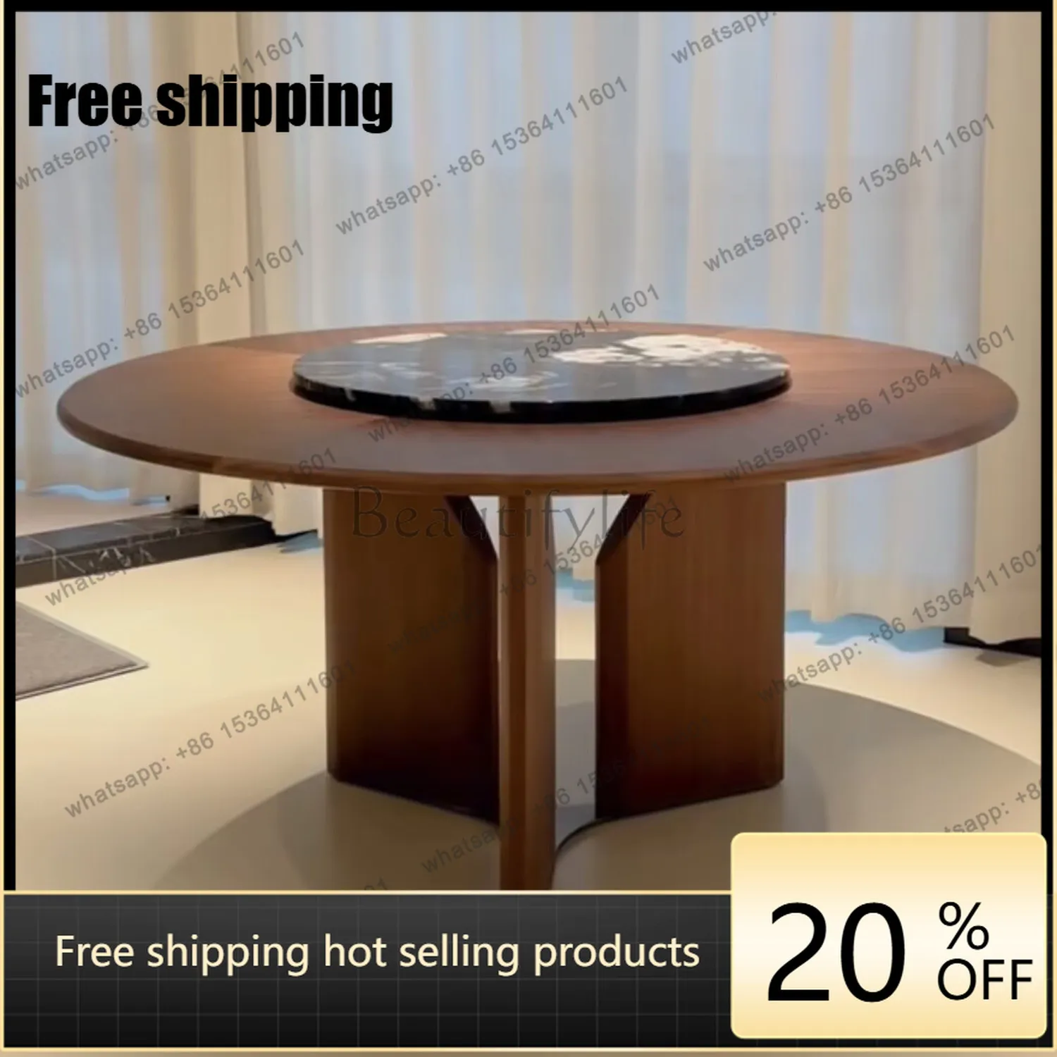 

LD25 medieval solid wood round turntable dining table light luxury walnut table premium