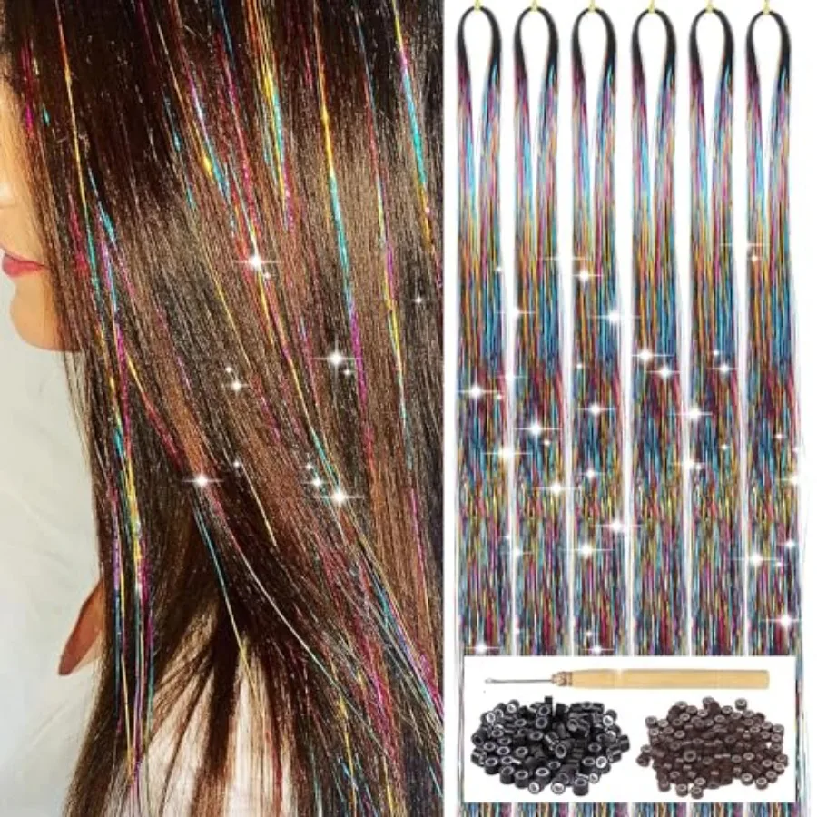 

Hair Tinsel Kit for festivals, polyester, gold/silver/pink, 1200 heat-resistant strands, 47-inch sparkling shiny fairy hair ext