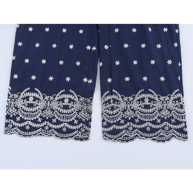 YENKYE Vintage Floral Embroidery Wide Leg Pants Women High Waist Casual Loose Summer Trousers pantalones de mujer