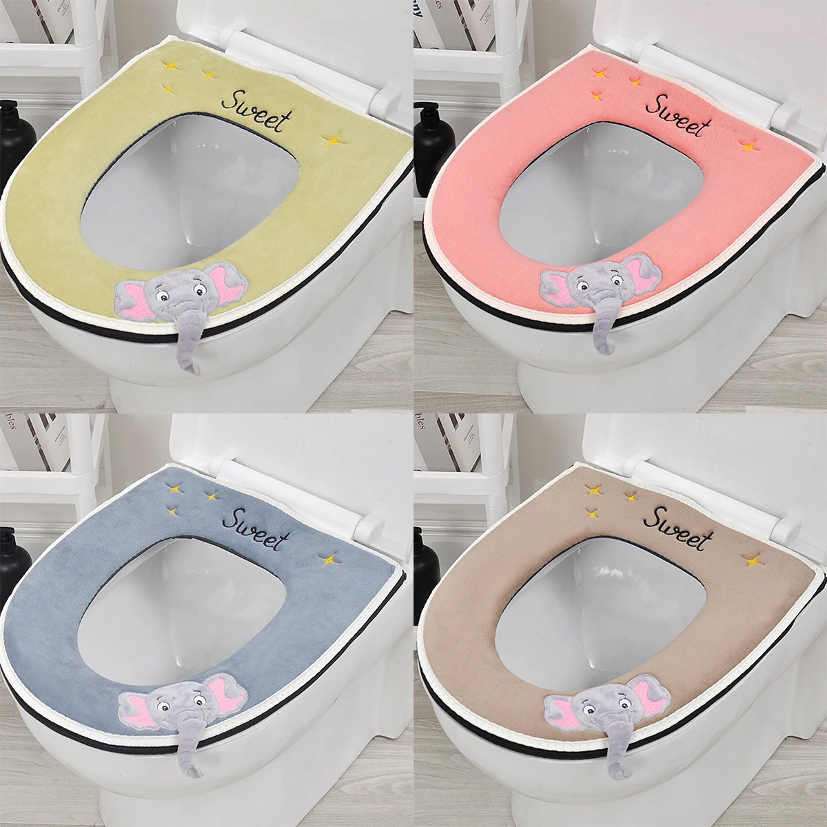 Cute Embroidery Toilet Seat Cover With Zipper Soft Warmer Washable Toilet Mat Cover Pad Cushion WC Ring Mat Bathroom Aceesories