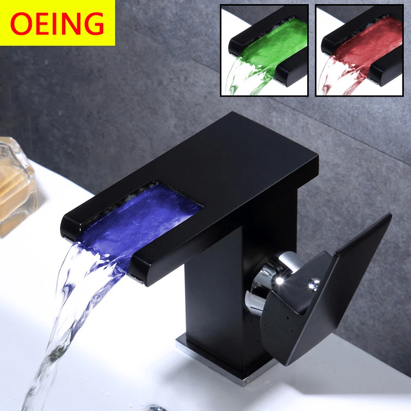 LED Black Waterfall Faucet Tall Brass Bathroom Faucet Hot Cold Mixer Crane Bathroom Sink Faucet Taps