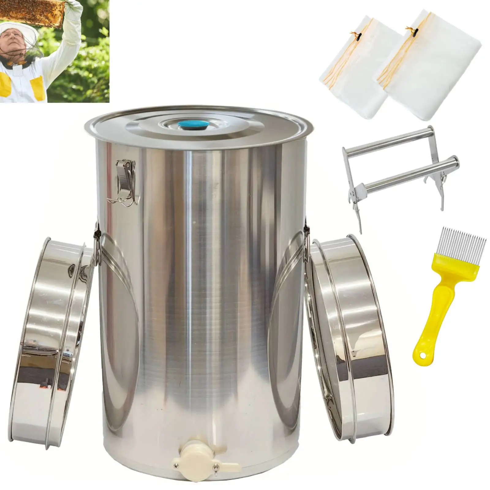 5-in-1 Stainless Steel Honey Tank Kit 70kg Stainless Steel Bucket with 21-pin Uncapping Fork Beekeeping Tool