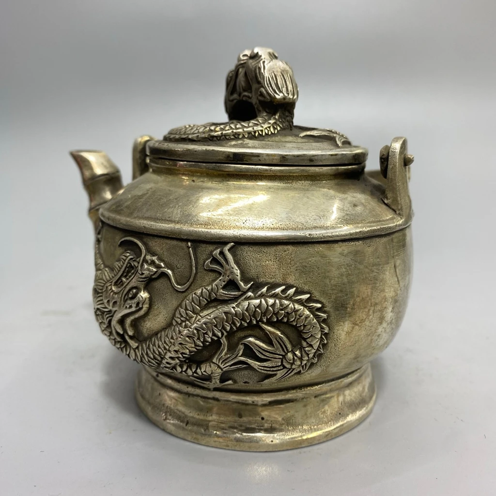 

Vintage white copper carved dragon water kettle ornament with personalized wine kettle decoration