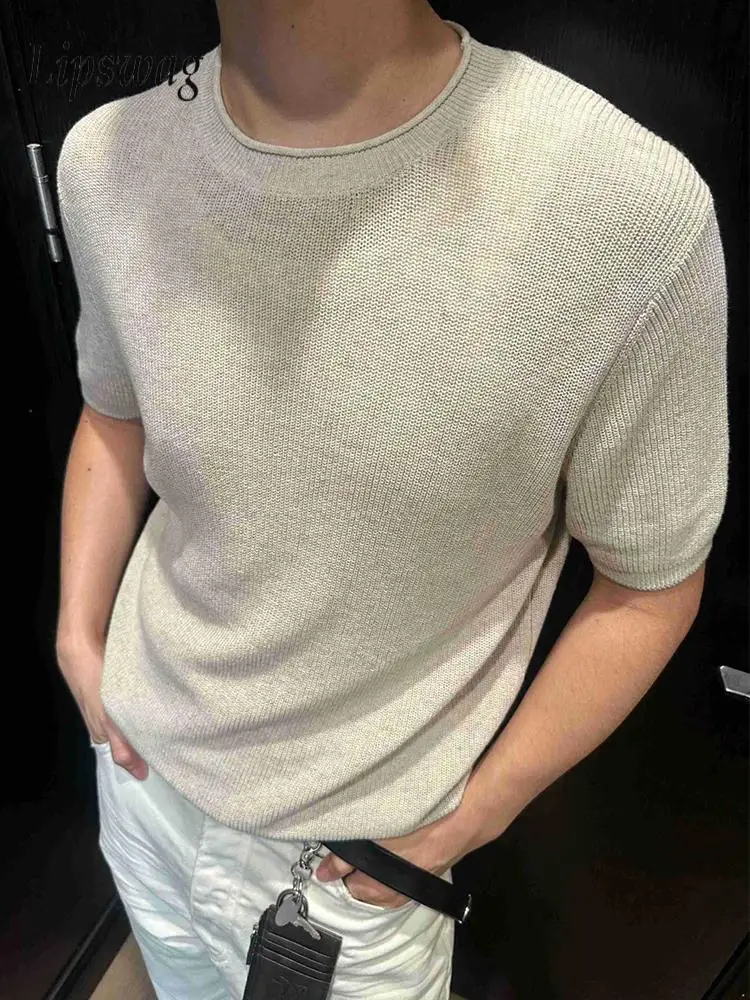 

Leisure Men's Pure Color Breathable Knit Tops Summer Stylish Men Short Sleeve O Neck Knitting T-shirts Vintage Knitted T Shirt