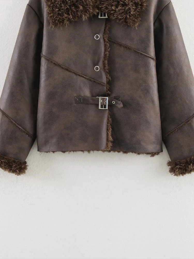 유럽 및 미국 스타일 2025 가을 신상 여성 레트로 루즈 캐주얼 라펠 긴팔 인조 모피 두꺼운 코트