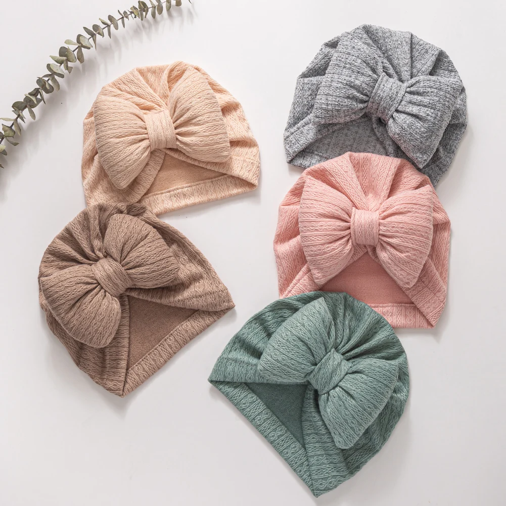 Lovely Bowknot Knitted Baby Hats Cute Solid Baby Girls Boys Turban Bonnet Soft Newborn Infant Cap Kids Lace Beanies Headwraps