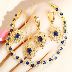 Fashion Blue Zirconia Wedding Jewelry Sets For Women Gold Plated Necklace Pendant Earrings Ring Bracelet Party Gift