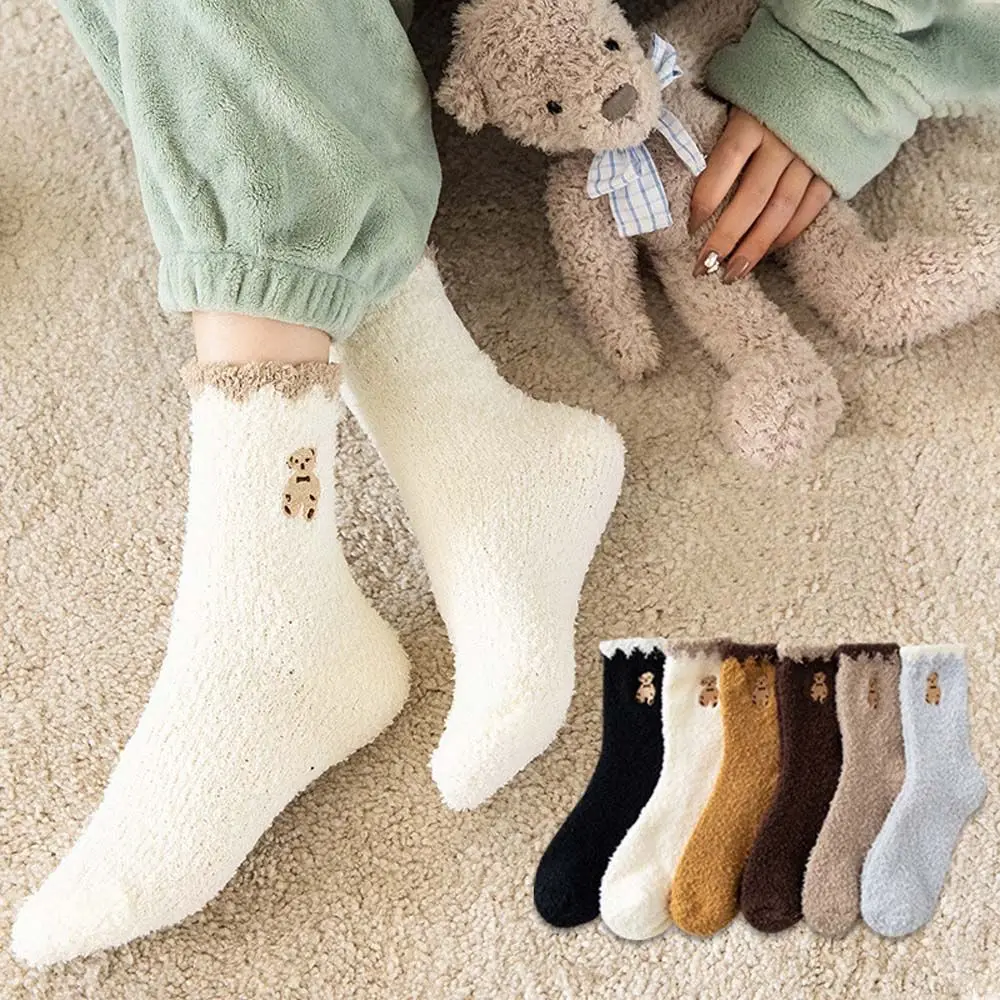 

Breathable Embroidery Bear Solid Color Sleeping Socks Girls Female Hosiery Mid-tube Socks Cute Floor Socks Coral Fleece Socks