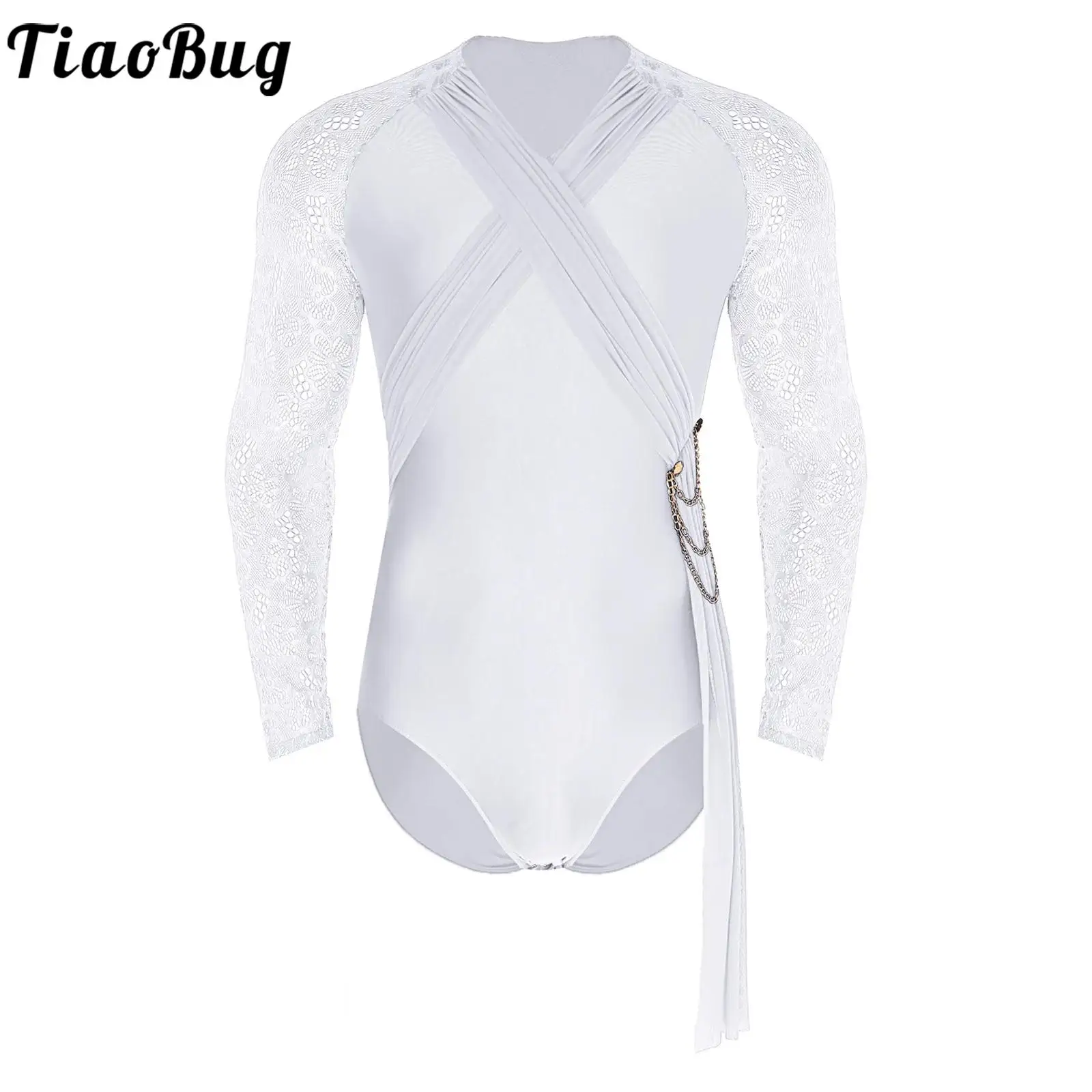 

Men Ballet Rhythmic Gymnastic Latin Tango Dance Leotards Costume Jumpsuit Sheer Floral Lace Long Sleeve Bodysuit Shirts Unitards