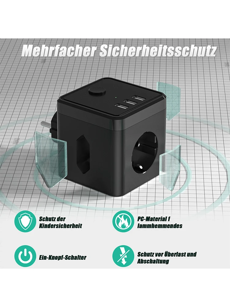 مكعب 6 في 1 بدون كابل مع مقبس مفتاح مع 2 مقابس يورو 1 شوكو و3 USB مع ضوء مؤشر مقبس قياسي أرضي