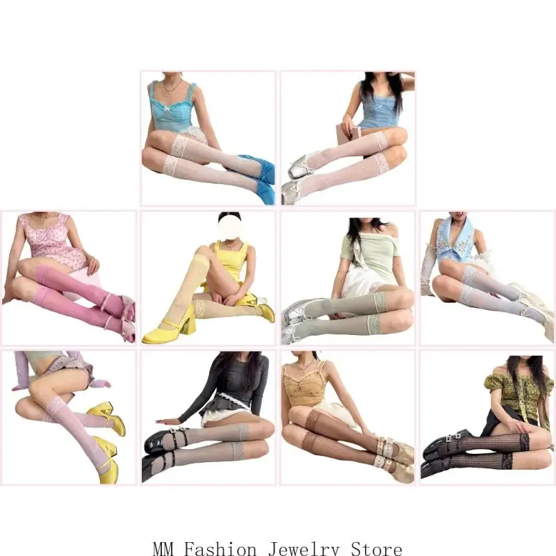 D0UB KNEE HOINE SOCKS SHEER TUBE TUBE SOCKS RUMPLE LACE เหนือถุงเท้าลูกวัว