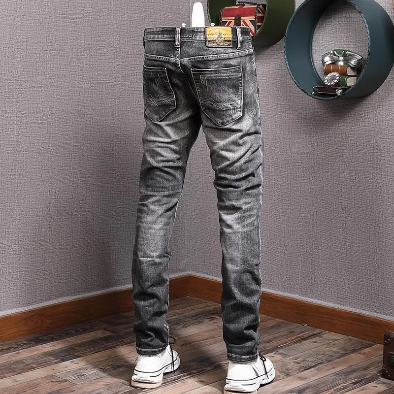 Fashion Trendy Men Jeans Retro Black Gray Elastic Slim Ripped Jeans Men Vintage Trousers Embroidery Designer Denim Pants Hombre