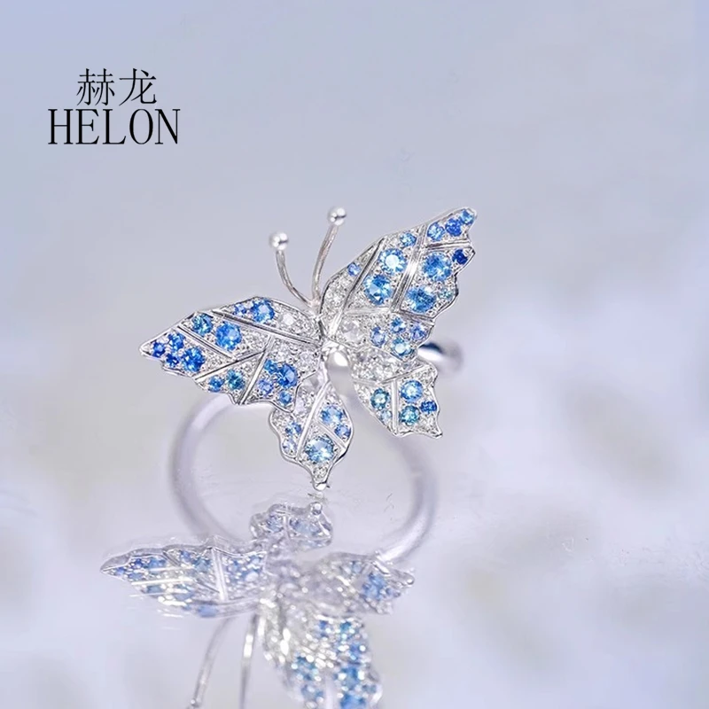 HELON Solid 14k White Gold 0.85ct Round Genuine Sapphire Diamonds Ring Women Exquisite Beautiful Gemstone Butterfly Ring Custom