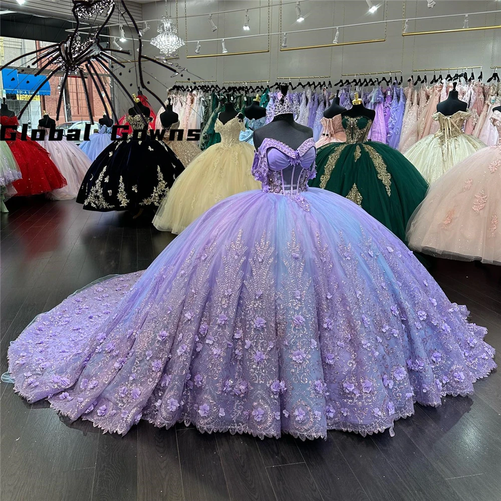 

Mexico Purple Sweetheart Quinceanera Dress 2023 Beaded Appliques Corset Prom Dress 3D Flowers Ball Gown Sweet 16 Robe De Bal