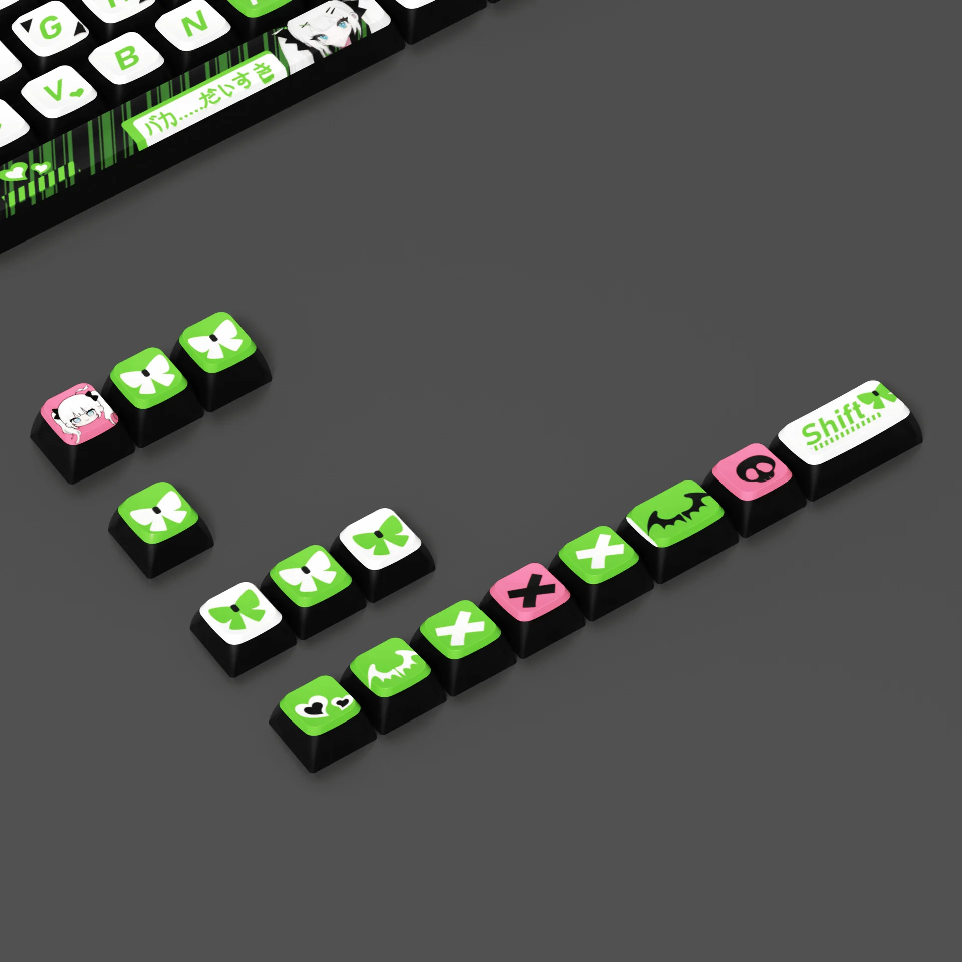 Little Devil - Groene Anime-thema Keycaps 118-toetsen XDA-profiel, thermische sublimatie PBT, universeel voor mechanische toetsenborden