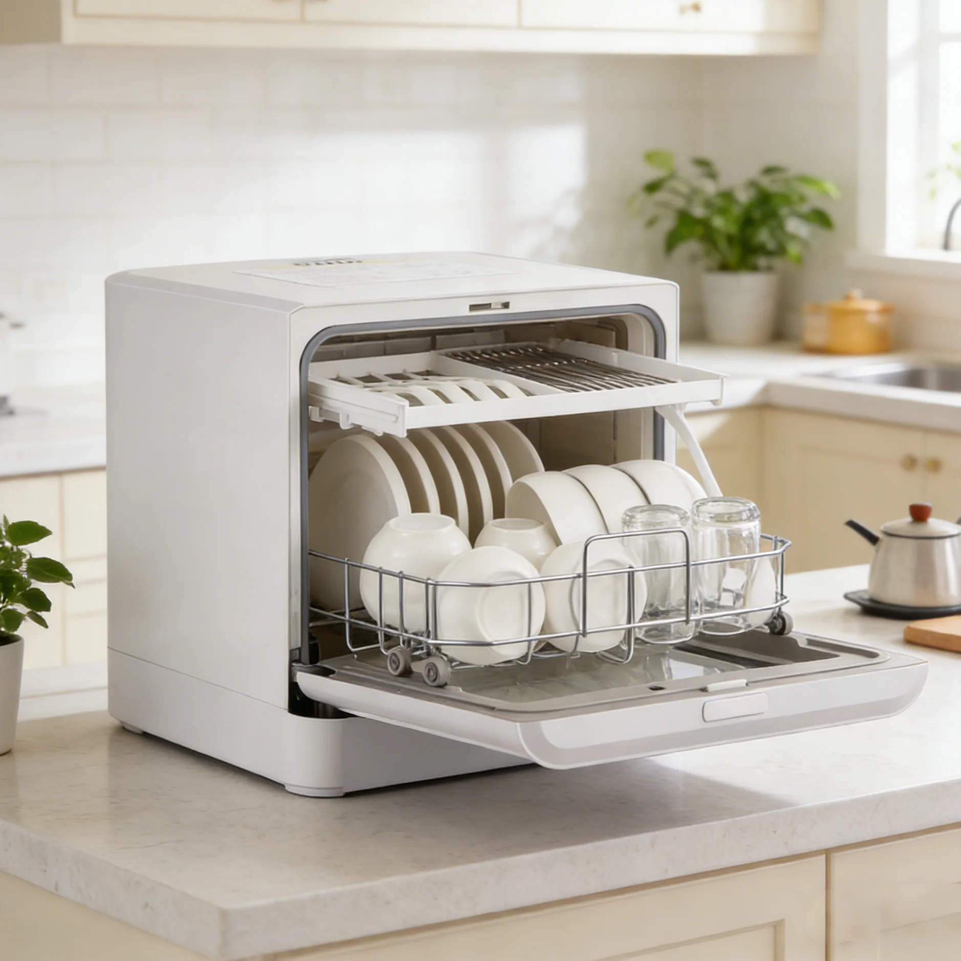Smart Hotel Household & Commercial Use Plastic Drawer Style Countertop Dishwasher Automatic Cleaning 5 Sets Capacity US Plug