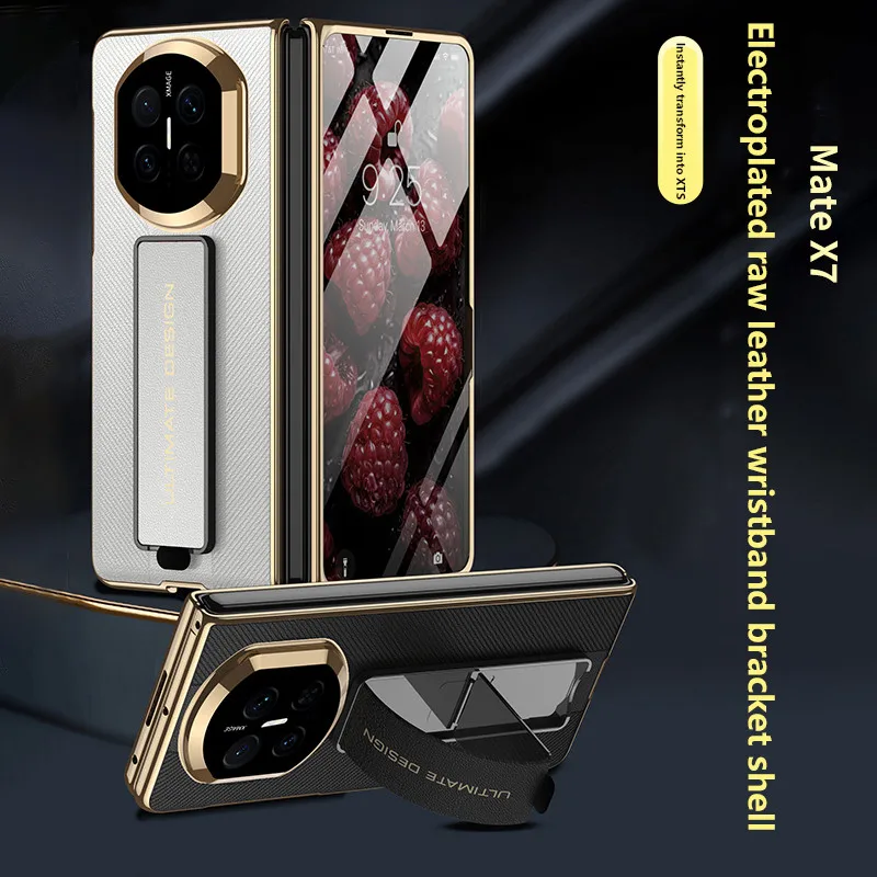 

Case For Huawei Mate X7 X6 X5 X3 MATEX7 5G Electroplated Genuine Leather Wristband Holder Protective Cover With Tempered Film