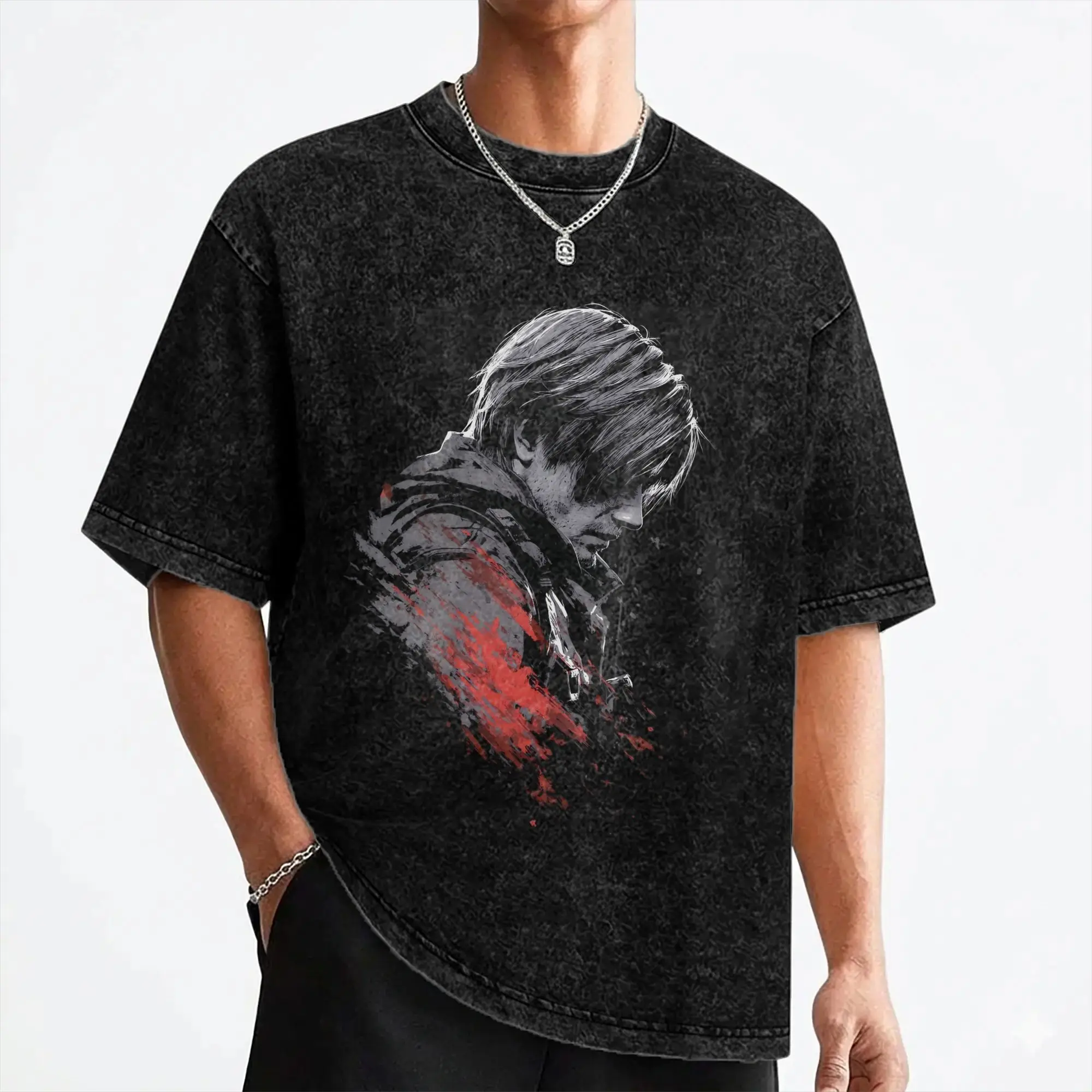 Leon S. Kennedy Washed T Shirt Streetwear Vintage T-Shirt Tees Tops for Men Women Cotton High Street Summer