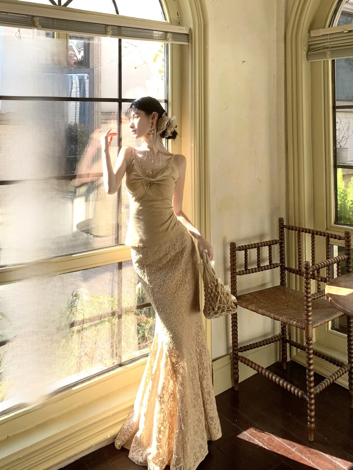 

Винтажный кружевной топ на бретельках и юбка-карандаш с шлейфом, комплект из двух предметов для женщин, весенний модный наряд, длинный рукав