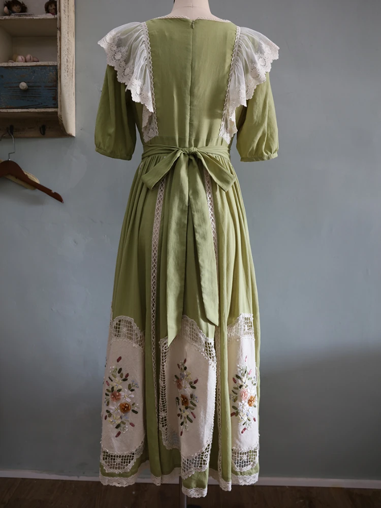 86-94cm Bust Spring Summer Long Dress Women Vintage Elegant Slim Exquisite Handmade Embroidered Hollow Out Cotton Green Dresses