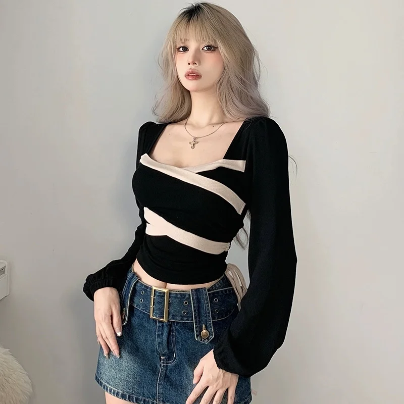 2024 New Design Fashionable and Advanced Cross Color Collar Strap T-shirt with Women Style Versatile Slim Fit Bubble Sleeve Top