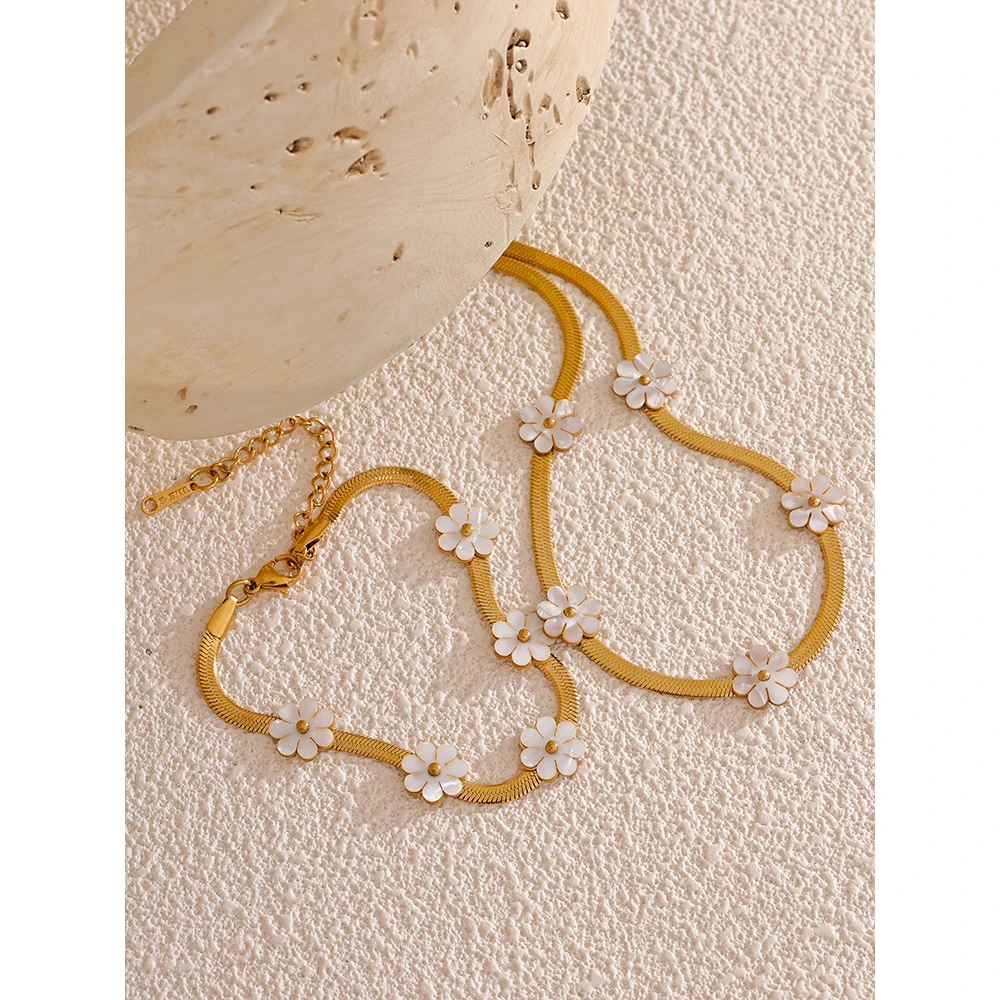 Yhpup Fashion Trendy Style Imitation Shell Flower Chain Necklace Bracelet Cheap Set Trendy Stainless Steel Popular Jewelry